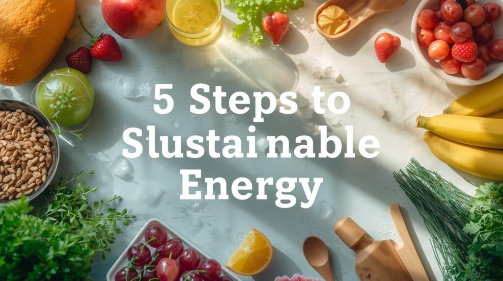 modern nutrition flat lay, bright and airy, professional font overlay '5 steps to sustainable energy'. (1)
